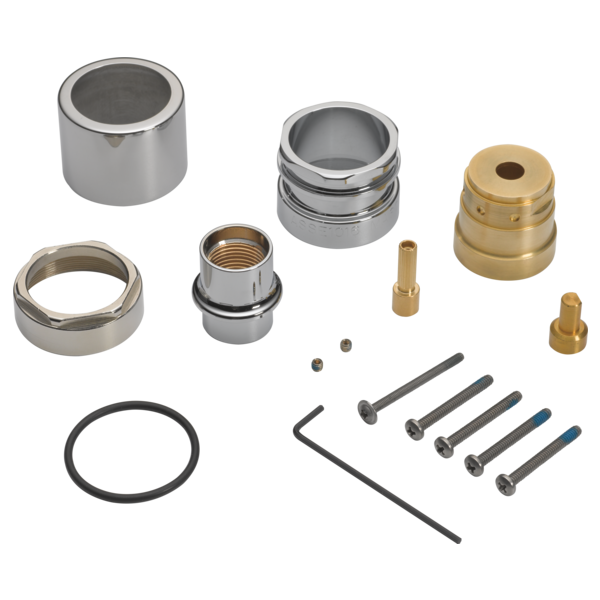 Chrome and brass plumbing components including cylinders, rings, fittings, screws, and a rubber gasket.
