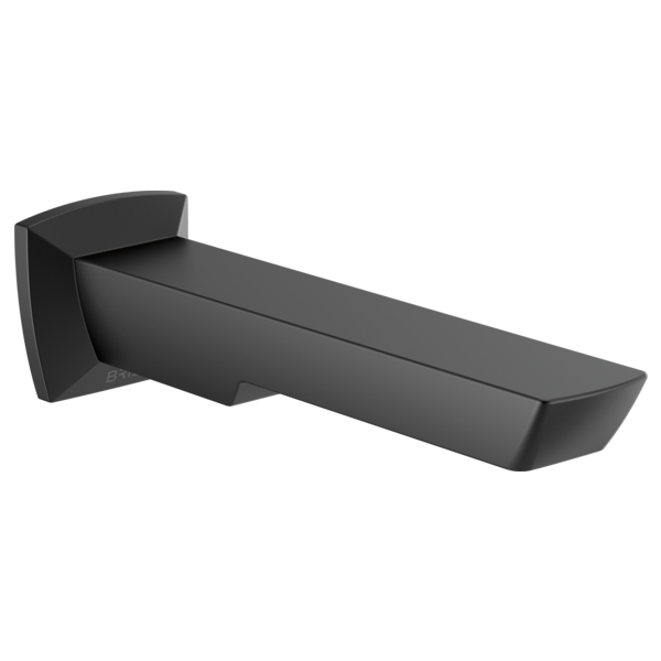 Matte black tub spout with rectangular outlet and wall-mounted bracket.