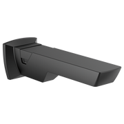 Matte black tub spout with angled rectangular design and wall-mounted bracket on left side.