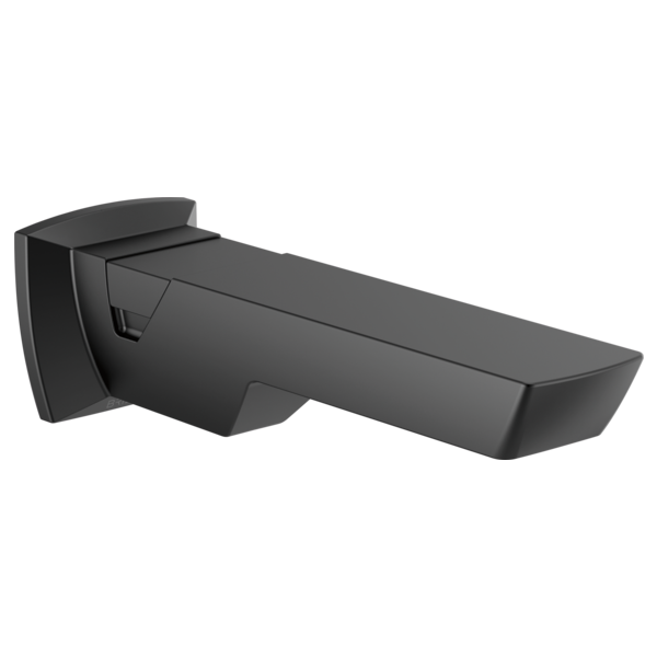 Matte black tub spout with angled rectangular design and wall-mounted bracket on left side.