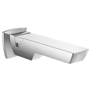 Chrome tub spout with diverter lever and rectangular basin, mounted at an angle on wall bracket.