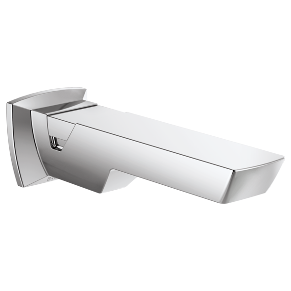 Chrome tub spout with diverter lever and rectangular basin, mounted at an angle on wall bracket.