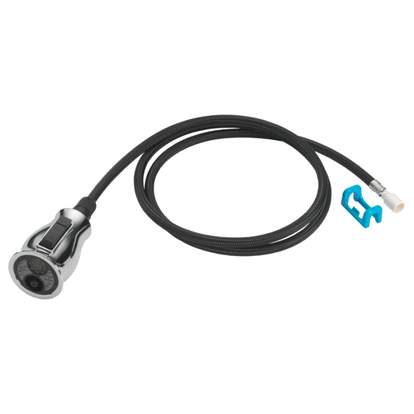 Chrome wand assembly with black braided hose and connector clip for Delta Leland faucet.