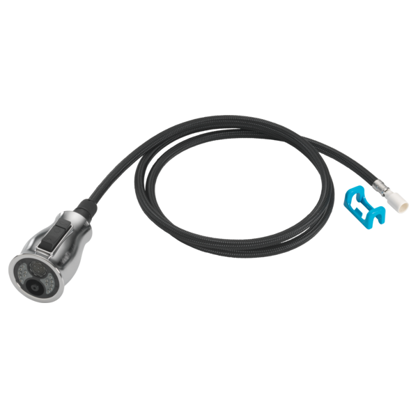 Stainless steel spray wand with black braided hose and connector clip.