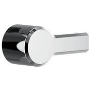 Chrome tub handle with white circular knob and black cylindrical base.
