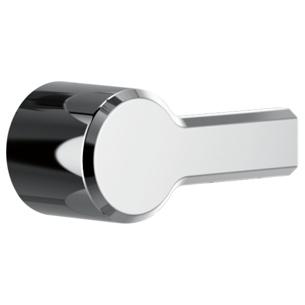 Chrome tub handle with white circular knob and black cylindrical base.