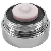 Chrome faucet aerator with white mesh screen insert and threaded base.