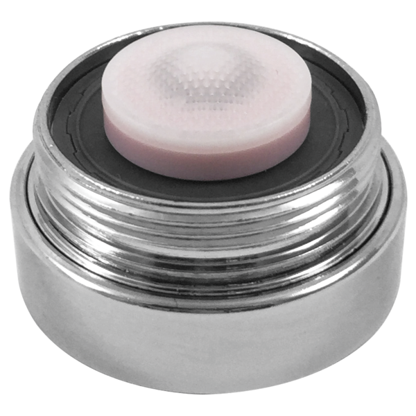 Chrome faucet aerator with white mesh screen insert and threaded base.