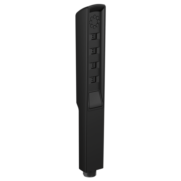 Matte black linear square handshower with multiple function buttons and circular spray head at top.