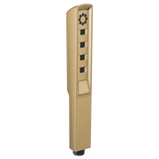 Luxe gold rectangular handshower with circular spray head and four control buttons on vertical panel.