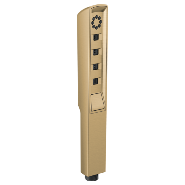 Luxe gold rectangular handshower with circular spray head and four control buttons on vertical panel.