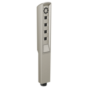 Luxe nickel linear square handshower with circular spray head and four control buttons mounted on vertical body.