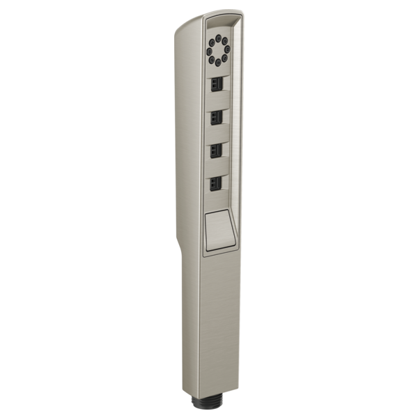 Luxe nickel linear square handshower with circular spray head and four control buttons mounted on vertical body.