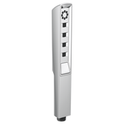 Chrome linear square handheld shower head with four button controls and circular spray pattern at top.