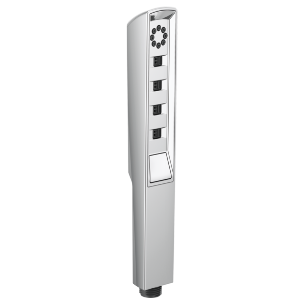 Chrome linear square handheld shower head with four button controls and circular spray pattern at top.