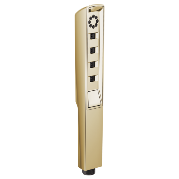 Polished gold linear shower handshower with circular showerhead and four square control buttons on elongated vertical panel.