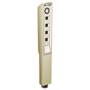 Polished nickel linear square handheld showerhead with multiple spray function controls and circular spray pattern opening.