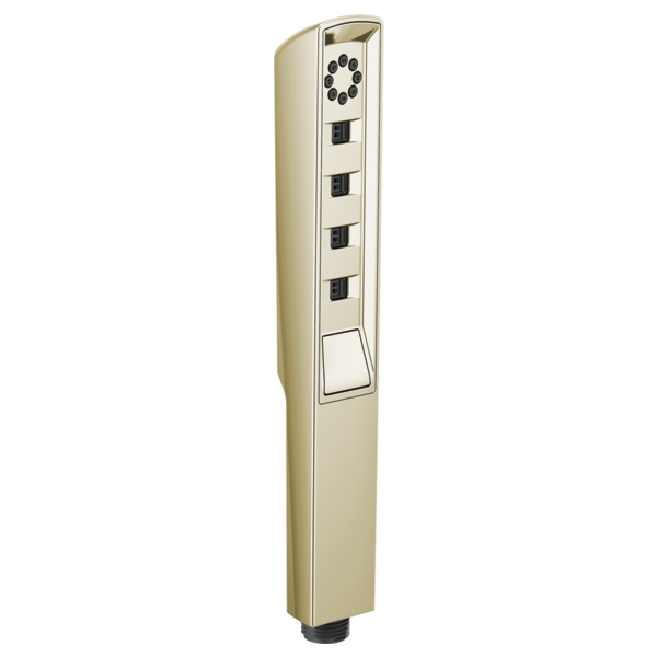 Polished nickel linear square handheld showerhead with multiple spray function controls and circular spray pattern opening.