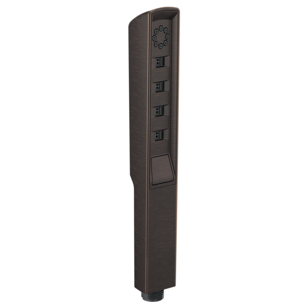 Venetian bronze linear handshower with square head, multiple spray holes, and four control buttons on handle.