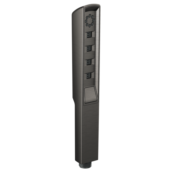 Luxe steel linear handshower with circular spray head and four control buttons on rectangular body.