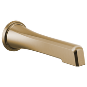 Luxe gold tub spout with cylindrical mounting base and angled outlet, featuring satin finish and black accent line.