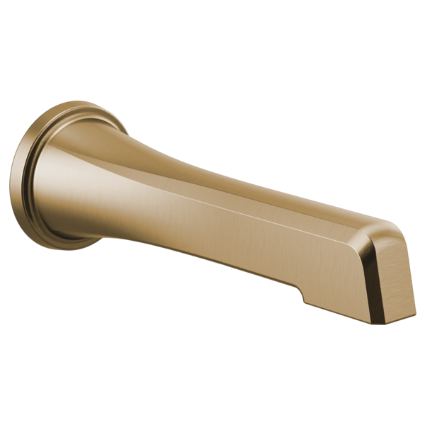 Luxe gold tub spout with cylindrical mounting base and angled outlet, featuring satin finish and black accent line.