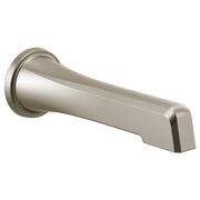 Brushed nickel tub spout with tapered cylindrical design and wall-mounted flange.