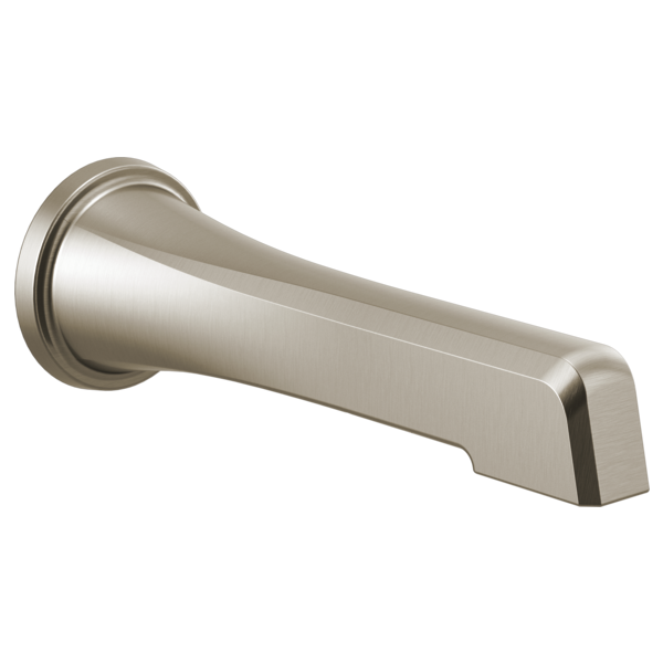 Brushed nickel tub spout with tapered cylindrical design and wall-mounted flange.