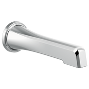 Chrome tub spout with curved tapered design and wall-mounted flange.