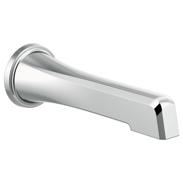 Chrome tub spout with curved tapered design and wall-mounted flange.