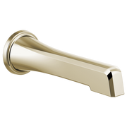 Polished nickel tub spout with tapered cylindrical body and wall-mounted circular flange.