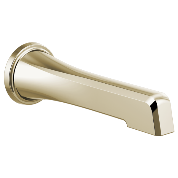 Polished nickel tub spout with tapered cylindrical body and wall-mounted circular flange.