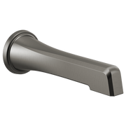 Luxe steel tub spout with curved spout end and round wall mount flange.