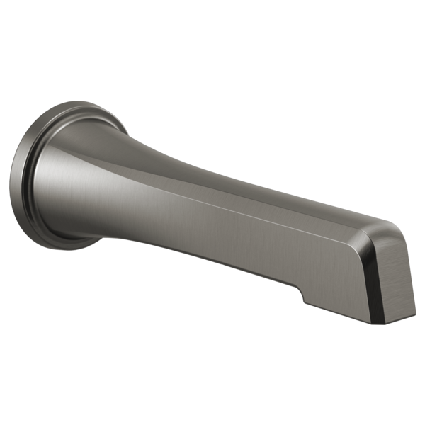 Luxe steel tub spout with curved spout end and round wall mount flange.