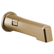 Luxe gold tub spout with diverter lever and wall-mounted round flange.