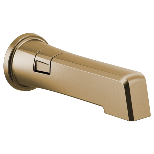 Luxe gold tub spout with diverter lever and wall-mounted round flange.