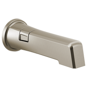 Brushed nickel tub spout with integrated diverter lever and wall-mounted circular flange.
