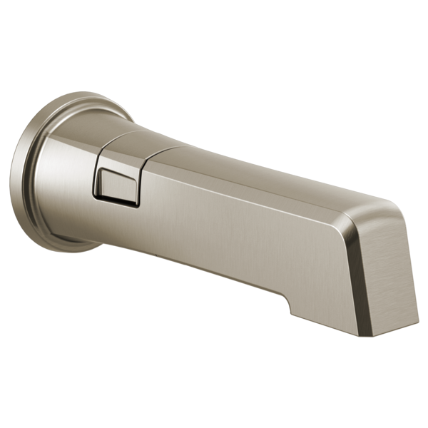 Brushed nickel tub spout with integrated diverter lever and wall-mounted circular flange.