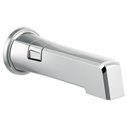 Chrome tub spout with integrated diverter lever and wall-mounted cylindrical body with squared end.