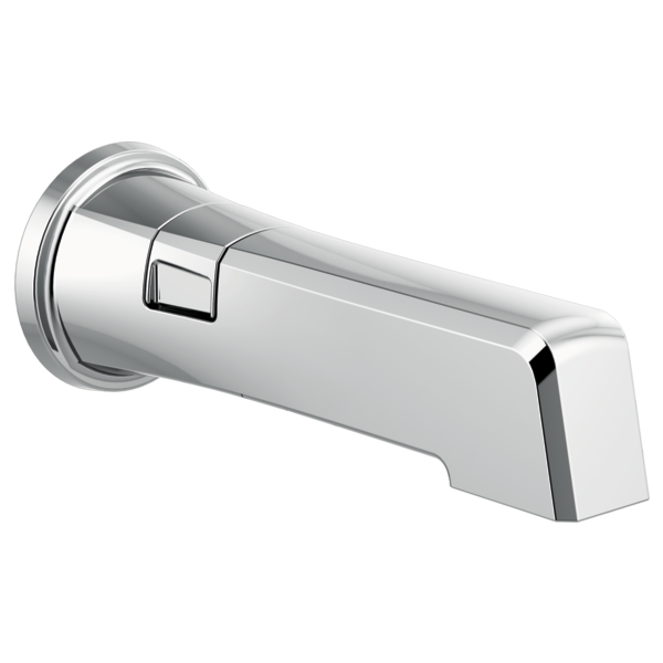 Chrome tub spout with integrated diverter lever and wall-mounted cylindrical body with squared end.
