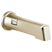 Polished nickel tub spout with integrated diverter lever and wall-mounted circular flange.