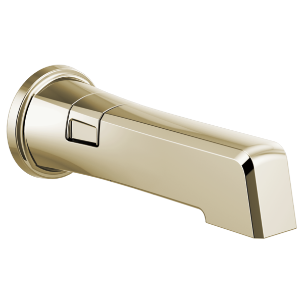 Polished nickel tub spout with integrated diverter lever and wall-mounted circular flange.