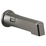 Brushed steel tub spout with diverter button and wall-mounted flange on left side.