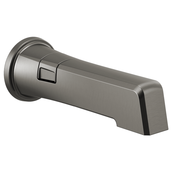 Brushed steel tub spout with diverter button and wall-mounted flange on left side.