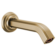 Luxe gold shower arm with circular flange and angled outlet extending from wall-mounted base.