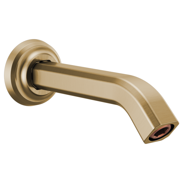 Luxe gold shower arm with circular flange and angled outlet extending from wall-mounted base.