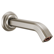 Brushed nickel shower arm with circular wall flange and angled outlet spout.