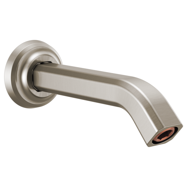 Brushed nickel shower arm with circular wall flange and angled outlet spout.
