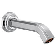 Chrome shower arm with circular wall flange and angled spout with copper outlet detail.