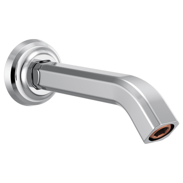 Chrome shower arm with circular wall flange and angled spout with copper outlet detail.